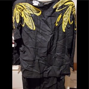 NWT VINTAGE Lily Choa Black & yellow linen shirt set hand made designs  12/46